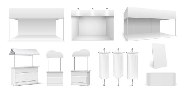 사실적인 프로모션 스탠드. 빈 텐트, 흰색 패널 및 디스플레이. 광고 카운터, 쇼룸 또는 노점. 무역 구조, 3d 프로모션 엑스포 플래그 모형 벡터 세트 - market stall 이미지 stock illustrations