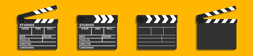 Vector 3d realistic opened movie film clap board icon set closeup on orange background, design template of clapperboard, slapstick, filmmaking device