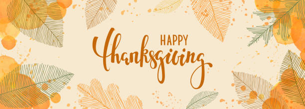 ilustrações de stock, clip art, desenhos animados e ícones de happy thanksgiving brush pen lettering. watercolor splash and linear leaves background. design holiday greeting card and invitation of seasonal american and canadian autumn holiday - vector thanksgiving fall holidays and celebrations