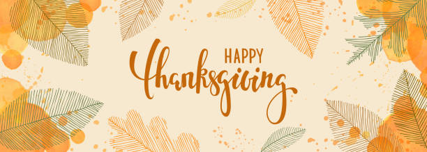 happy thanksgiving brush pen lettering. watercolor splash and linear leaves background. design holiday greeting card and invitation of seasonal american and canadian autumn holiday happy thanksgiving brush pen lettering. watercolor splash and linear leaves background. design holiday greeting card and invitation of seasonal american and canadian autumn holiday. thanksgiving holiday drawings stock illustrations