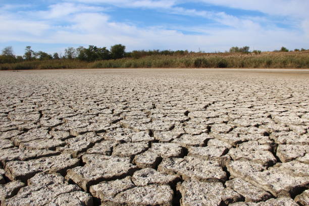 istock Dried up lake with cracked earth 1282465704