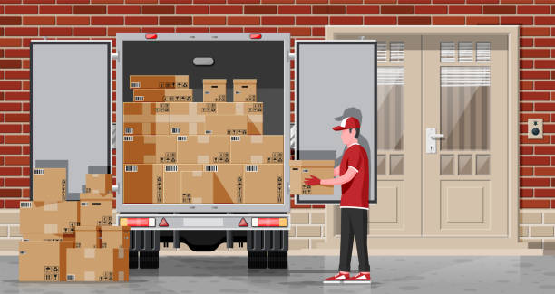 loader entlädt die ware aus lkw. - truck moving van moving house box stock-grafiken, -clipart, -cartoons und -symbole