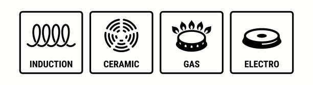 ilustrações, clipart, desenhos animados e ícones de ícone de indução, fogão elétrico e fogão a gás ou fogão de radeira de forno cerâmico, símbolo vetorial. ícones de logotipo de uso adequado, eletro, gás e cerâmica, panelas de panelas - stove ceramic burner electricity