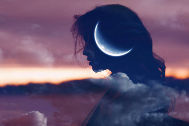 Woman profile silhouette portrait with moon in her head Beautiful woman profile silhouette portrait with moon in her head. menstruation photos stock pictures, royalty-free photos & images