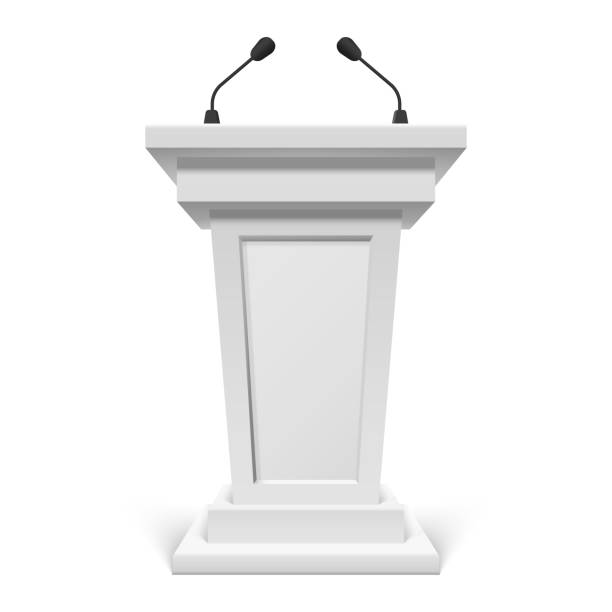 White podium with microphone or pulpit with mic White podium with microphone or pulpit with mic, speech tribute or stand, rostrum. Conference stage speaker marble device. Press and debate, journalism and politics, public interview and media. interview seminar microphone inside of stock illustrations