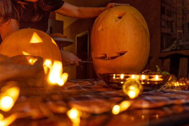 istock Halloween pumpkins with electric illumination. 1282474470