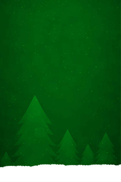 An emerald green coloured creative merry christmas and New Year festive vector design, with many Xmas coniferous trees in a row in glittery snow A horizontal vector illustration in dark green colour with different sized tall trees over a  snowing backdrop. Apt for use as Xmas wallpaper, poster, gift wrapping paper sheets, posters and Greeting Cards. multiple christmas trees stock illustrations