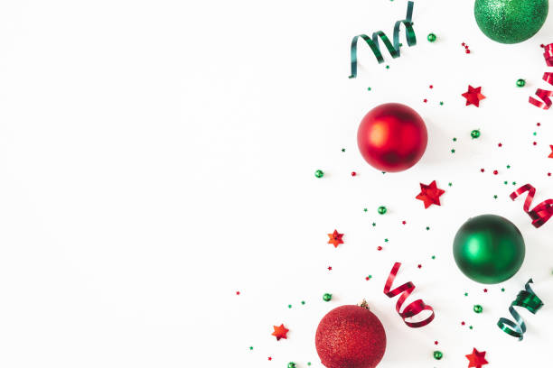 istock Christmas composition. Red and green decorations on white background. Christmas, winter, new year concept. Flat lay, top view, copy space 1282477045