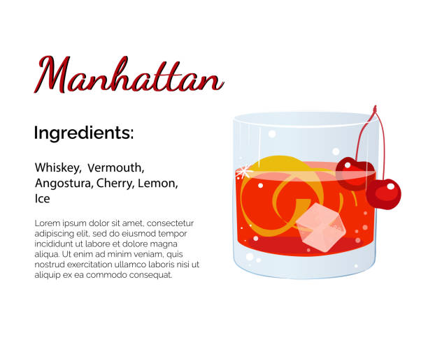 illustrazioni stock, clip art, cartoni animati e icone di tendenza di cocktail manhattan con posto per ingredienti e ricetta isolata su uno sfondo bianco. modello di biglietto da cocktail. - manhattan