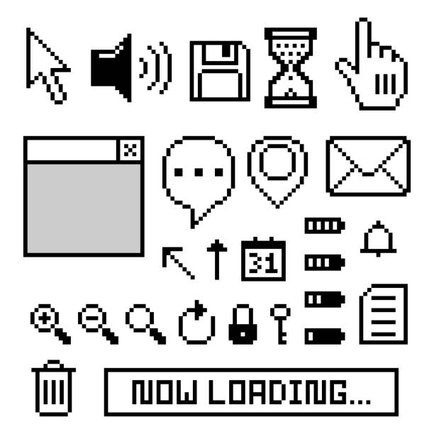 복고풍 게임 8 비트 픽셀 아이콘 기호, 흑백 색상의 컬렉션 세트 - arrow sign cursor symbol computer icon stock illustrations