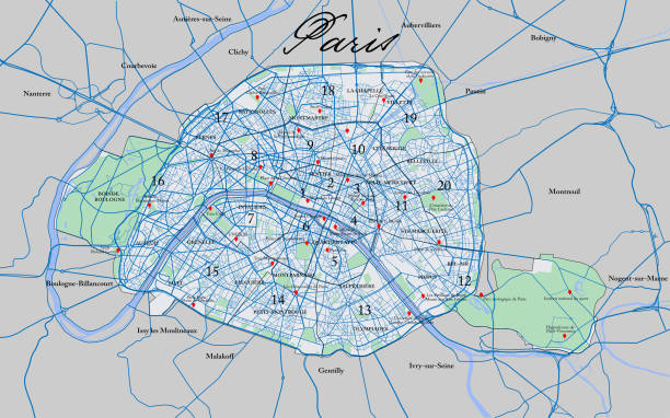 Paris map Highly detailed vector map of Paris with all arrondissements ,metropolitan area and main roads. outer paris stock illustrations