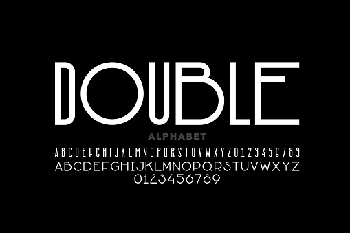 Modern sans serif font, condensed and wide style mixed together, alphabet letters and numbers vector illustration