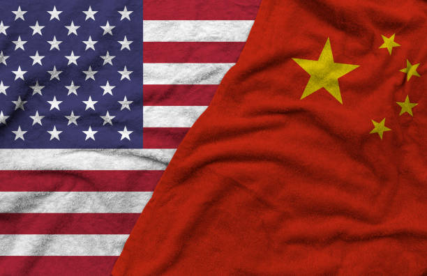 istock The American and Chineses flags pattern on towel fabric are placed together. 1282479039