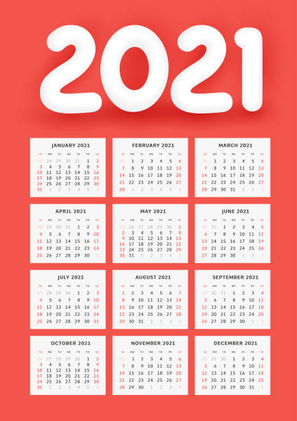 istock Wall Calendar Template for 2021. Classic style with white 3d number 2021 on red. Week starts on Sunday 1282480991