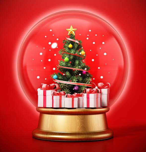 Christmas tree and gifts inside snowglobe Christmas tree and gifts inside snowglobe. snow globe photos stock pictures, royalty-free photos & images