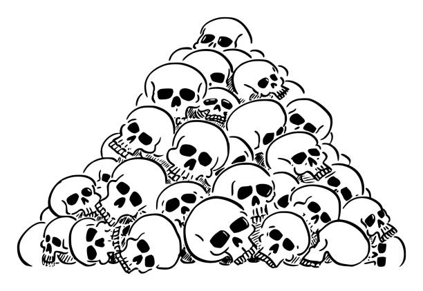 ilustraciones, imágenes clip art, dibujos animados e iconos de stock de ilustración de dibujos animados vectoriales de pile o montón de cráneos humanos - genocide