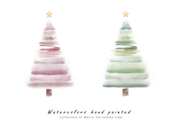 Set of Christmas trees cute watercolor hand-painted for creating card Set of Christmas trees cute watercolor hand-painted for creating greeting cards. Art minimal style elements isolated on a white background for your design and decorative. pink christmas tree stock illustrations