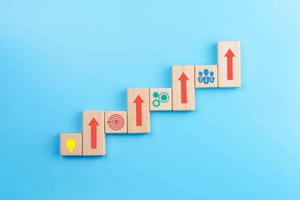 istock Business development strategy and Action plan concept, wooden blocks with business process management icons and arrow up on blue background 1282485779