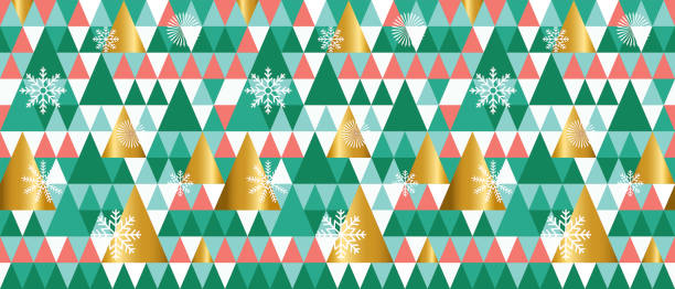 背景、包装紙、布、表面設計のための幾何学的なxmasツリーシームレスなパターン。三角形のモミと雪片を持つ緑、金、ピンクのクリスマスベクトルイラスト - christmas gold green backgrounds点のイラスト素材／クリップアート素材／マンガ素材／アイコン素材
