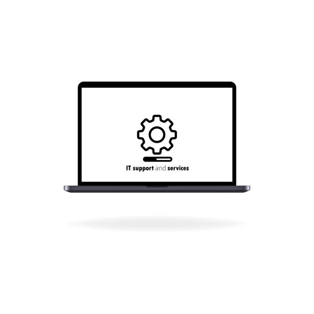 istock IT support and service. Laptop and gears icon. Servicing illustration. Computers repair logo template. Vector on isolated white background. EPS 10 1282488415