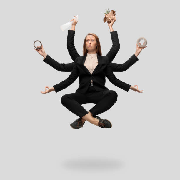 istock Beautiful business woman, secretary, multi-armed manager levitating isolated on grey studio background 1282488566
