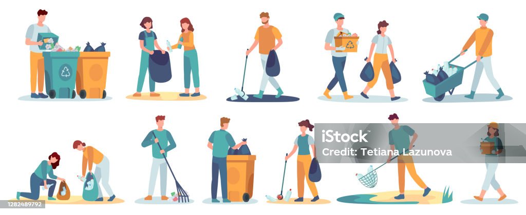 People Clean Up Garbage Volunteers Gathering Trash For Recycle Characters  Cleaning Environment From Litter Waste Collectors Vector Set Stock  Illustration - Download Image Now - iStock