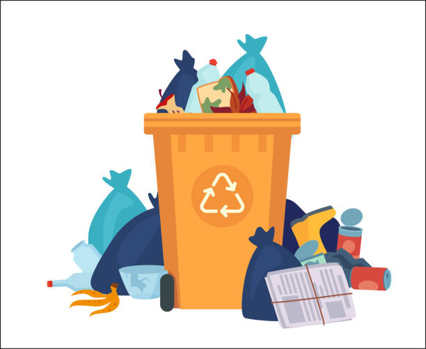 Full garbage bin. Overflowing recycling container with plastic bags and litter. Vector recycle can with pile of plastic waste. Street dump Full garbage bin. Overflowing recycling container with plastic bags and litter. Vector recycle can with pile of plastic waste. Street dump pollution, bin container pile, trashcan basket illustration overflowing dumpster stock illustrations
