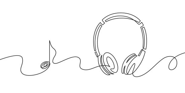 tek hatlı kulaklıklar. müzik gadget ve nota sürekli çizim. ses kulaklık anahat krokisi. müzikal sembol lineart vektör kavramı - müzik illüstrasyonlar stock illustrations