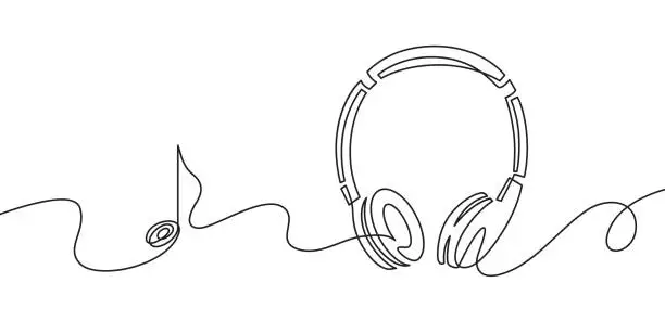 Vector illustration of One line headphones. Continuous drawing of music gadget and note. Audio headphone outline sketch. Lineart vector concept of musical symbol