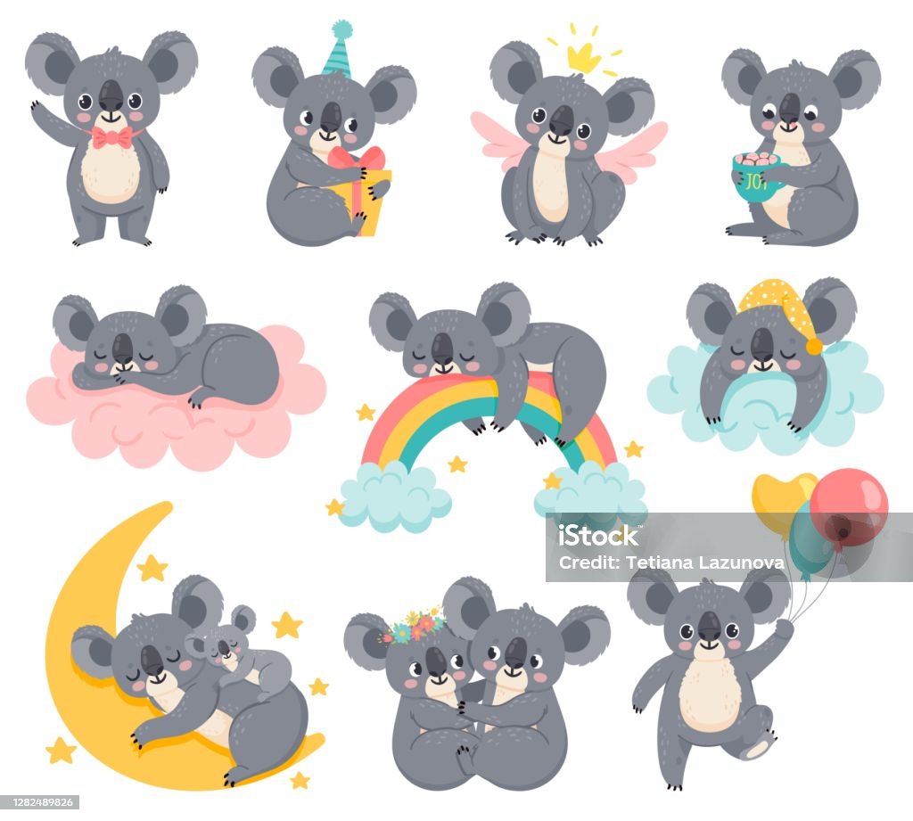 Ilustración de Koalas De Cumpleaños De Dibujos Animados Koala Perezosa  Durmiendo En La Nube Bonitos Animales Australianos Con Globos Oso De Ducha  De Bebé Conjunto Vectorial De Decoración De La Habitación Para