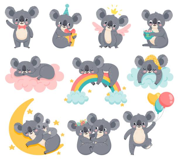 Cartoon birthday koalas. Lazy koala sleeping on cloud. Cute australian animals with balloons. Baby shower bear. Kids room decor vector set Cartoon birthday koalas. Lazy koala sleeping on cloud. Cute australian animals with balloons. Baby shower bear. Kids room decor vector set. Illustration baby lazy koala, bear on cloud with rainbow sleeping koala bear stock illustrations