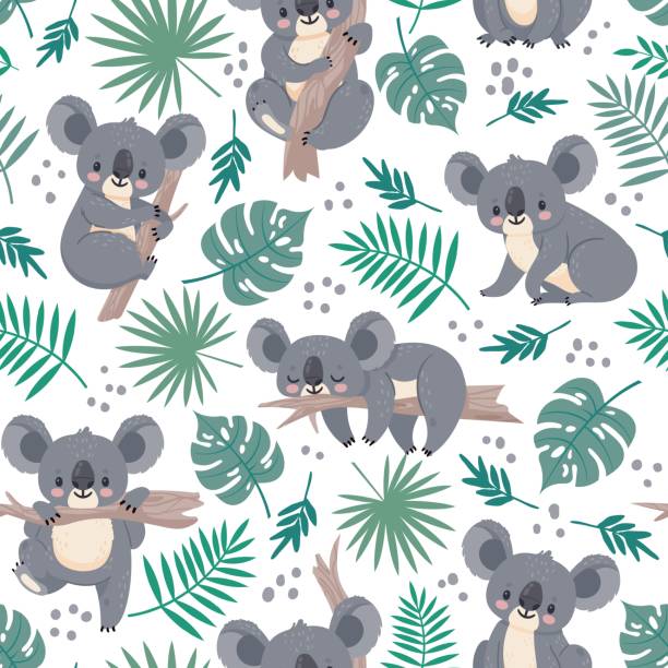 コアラとのシームレスなパターン。かわいいオーストラリアのクマと熱帯の葉。漫画の赤ちゃんコアラのデザイン。子供のためのベクトル自然の背景 - koala点のイラスト素材／クリップアート素材／マンガ素材／アイコン素材