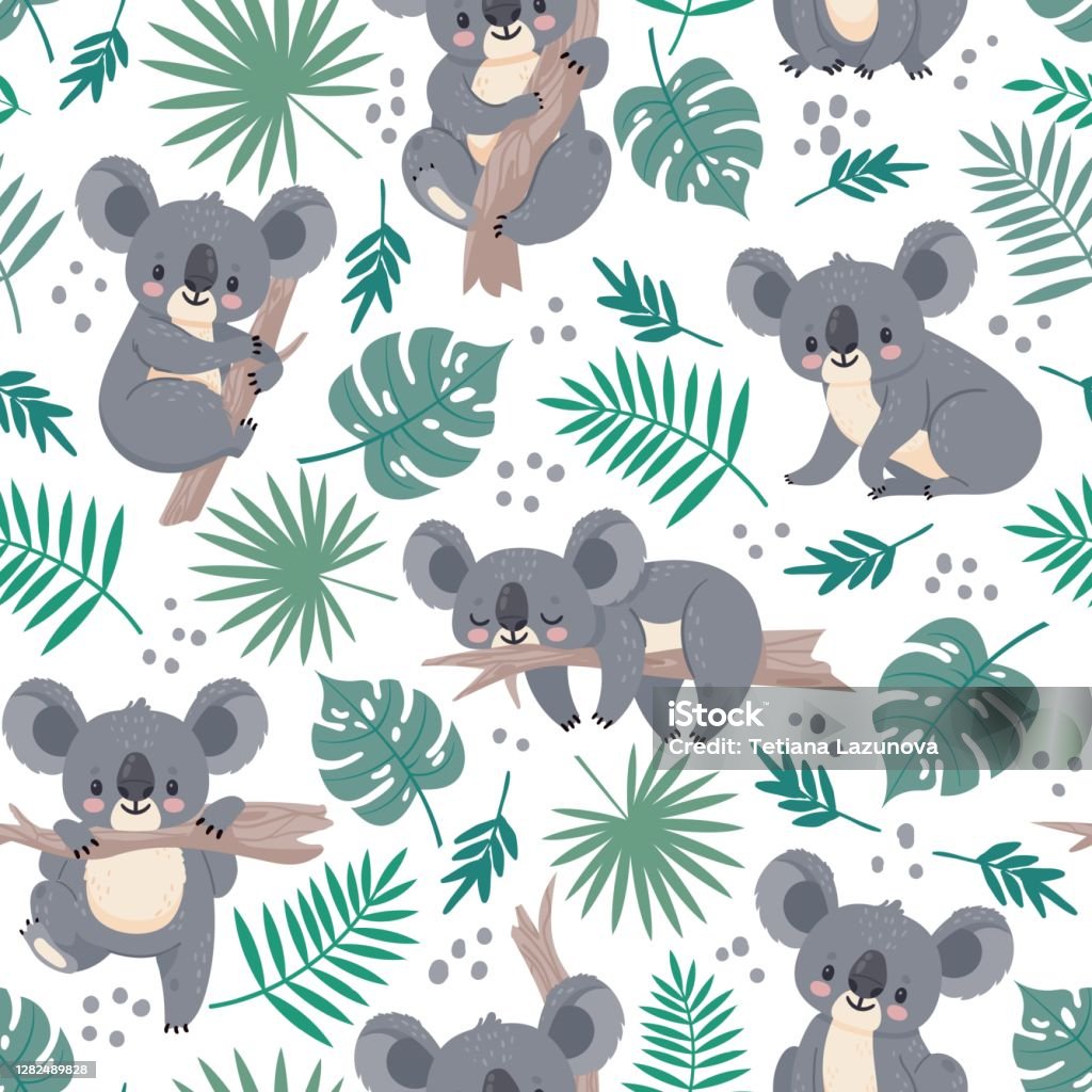 Seamless Pattern With Koalas Cute Australian Bears And Tropical Leaves Cartoon  Baby Koala Design Vector Nature Background For Kids Stock Illustration -  Download Image Now - iStock