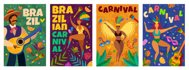 ilustrações de stock, clip art, desenhos animados e ícones de brazilian carnival. banner with masquerade latino elements dance parade, dancers and musicians, confetti, masks and feathers vector posters - samba dancing rio de janeiro carnival brazilian