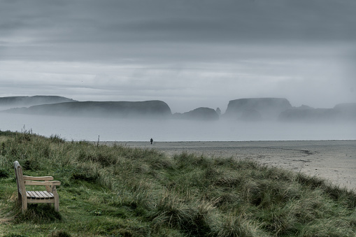 A foggy autumn morning off the coast of St Ninian Island in Shetland.
