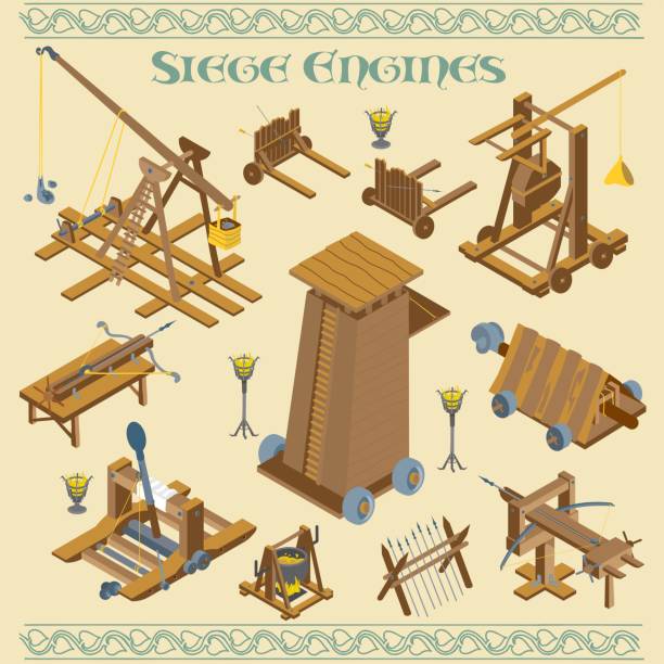 중세와 로마 공성 엔진과 전쟁 기계는 등각 벡터 일러스트레이션에서 전투 - slingshot weapon medieval siege stock illustrations