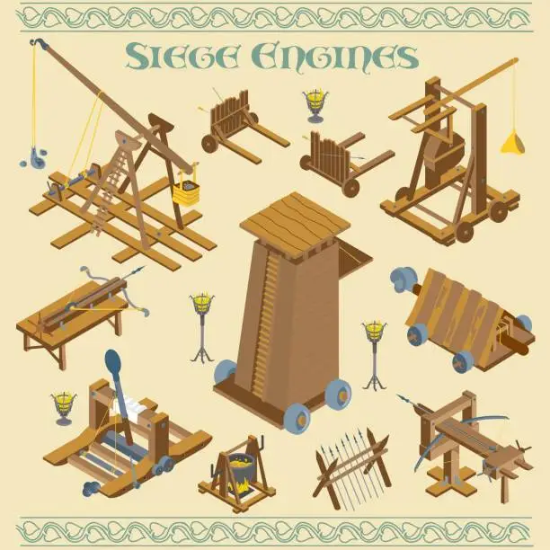 Vector illustration of Medieval and Roman siege engines and war machines battle in isometric vector illustration