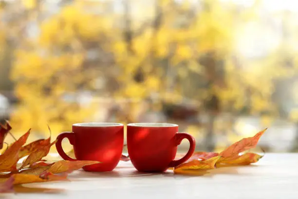 maple leaves and two red cups on the table against the background of a window on an autumn sunny day
