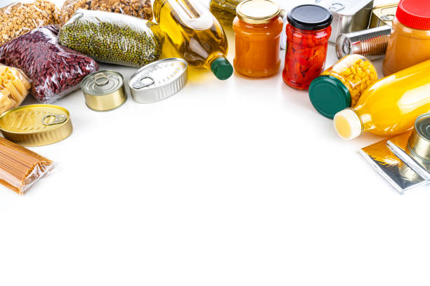 istock Non-perishable food frame: canned goods, conserves, sauces and oils. Copy space. 1282492510