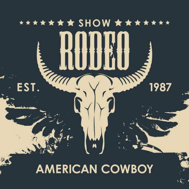 banner für eine cowboy rodeo show mit einem stierschädel - rodeo bull bull riding cowboy stock-grafiken, -clipart, -cartoons und -symbole