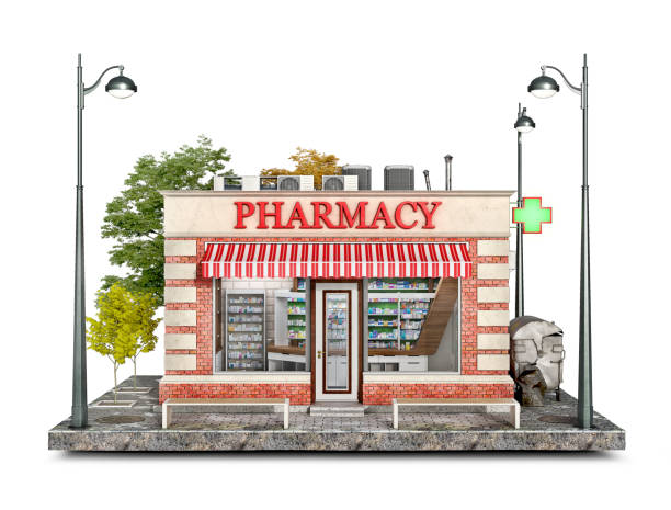 istock Front view on a pharmacy building on a piece of ground, 3d illustration 1282495239