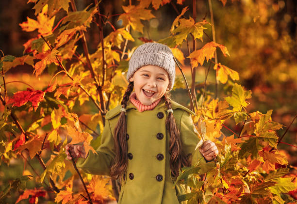 niña de 5 años con hojas de arce de otoño se ríe - child 4 5 years laughing little girls fotografías e imágenes de stock