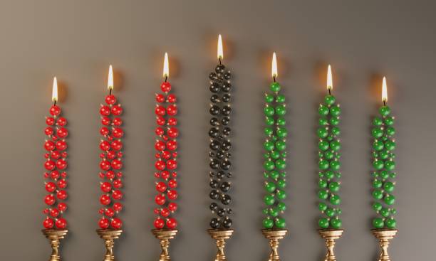 Red, green and black candles with ornaments flat lay, symbolizing Kwanzaa concepts. ( 3d render )