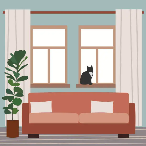 Vector illustration of Living room interrior with couch and windows.