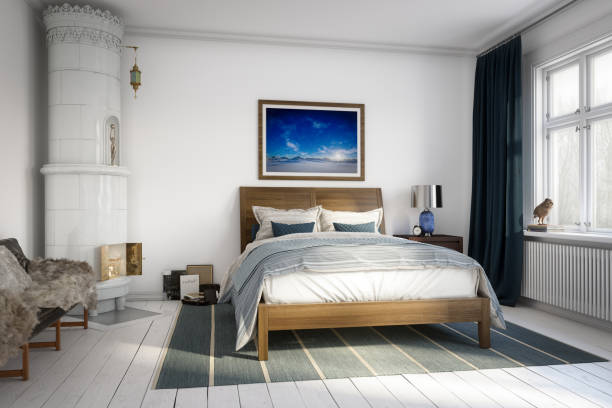 dormitorio maestro escandinavo - queen size bed fotografías e imágenes de stock