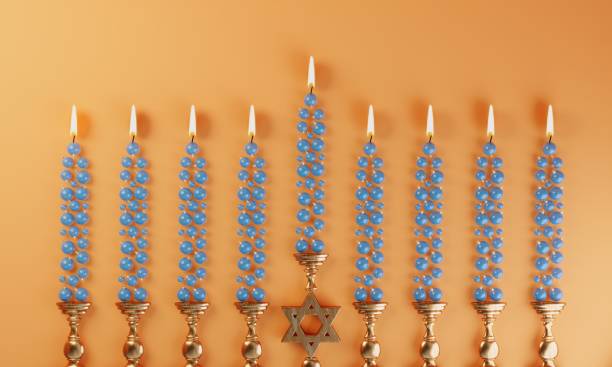 Candles with ornaments flat lay, symbolizing jewish holiday Hanukkah concept. ( 3d render )