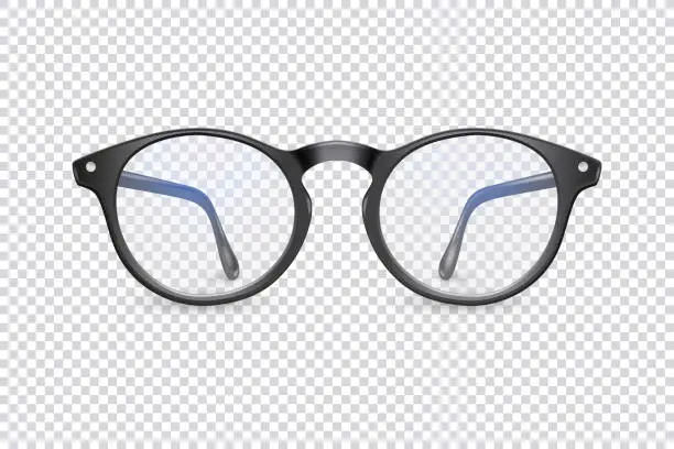 Vector illustration of Vector 3d Realistic Plastic Round Black Rimmed Eye Glasses Icon Closeup Isolated on Transparent Background. Women, Men, Unisex Accessory. Optics, Health Concept. Design Template, Mockup. Front View