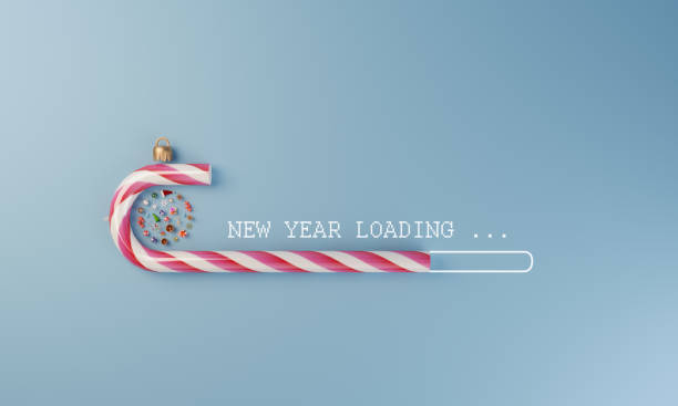 New Year Loading Digital loading stick made of christmas candy and christmas ornaments flat lay, can be used new year concepts. ( 3d render ) holidays and seasonal stock pictures, royalty-free photos & images