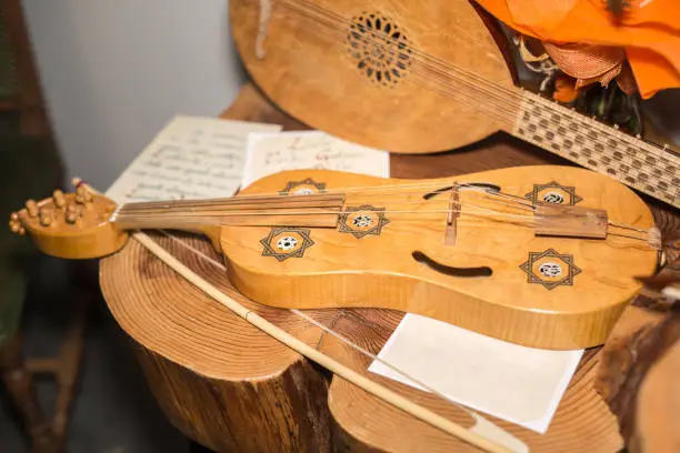 Parma, Italy - September 2020: The Wooden Vielle: an European Medieval Bowed Stringed Instrument.