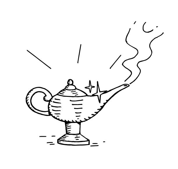 волшебная лампа иллюстрации на эскизе аладдина - magic lamp genie lamp smoke stock illustrations